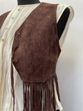 womens  vintage  Urban Village Vintage  urban village  Suede Jacket  suede fringing  Suede  stitch detailing  stitch detail  sleevless  retro  Jacket  fringing  fringed  fringe  dark brown  coat  brown stitch  brown  70s  6  1970s