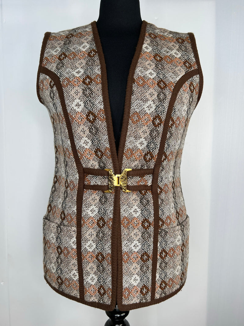 womens  Welsh Woollens  welsh wool tapestry  welsh wool  welsh  waistcoat  waist tie belt  vintage  two piece  tunic  tie belt  tapestry  set  S-M  S  MOD  M  Gilet  Dillad Coracle  diamond pattern  cape  brown  autumnal  autumn  60s  1960s