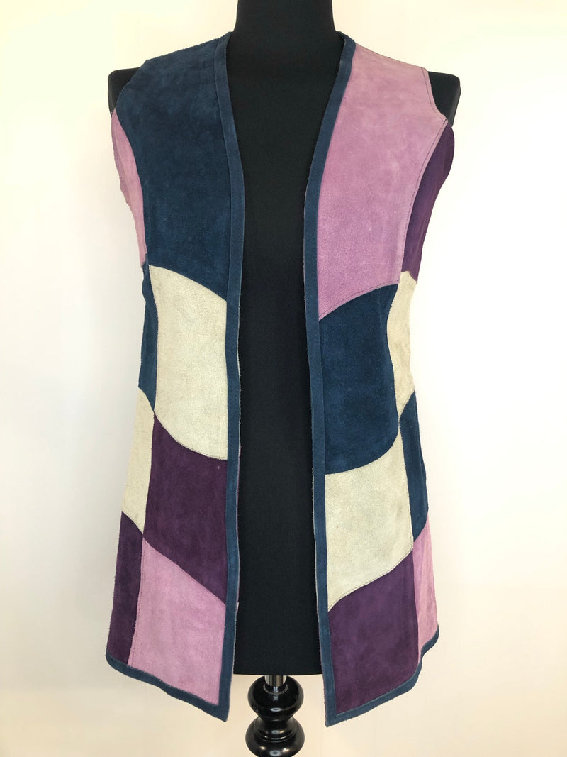womens  waistcoat  vintage  Urban Village Vintage  urban village  Suede Jacket  Suede  sleevless  sleeveless  retro  purple  Patchwork waistcoat  patchwork  multi  mod  Jacket  Blue  60s  60  1960s  1960  12