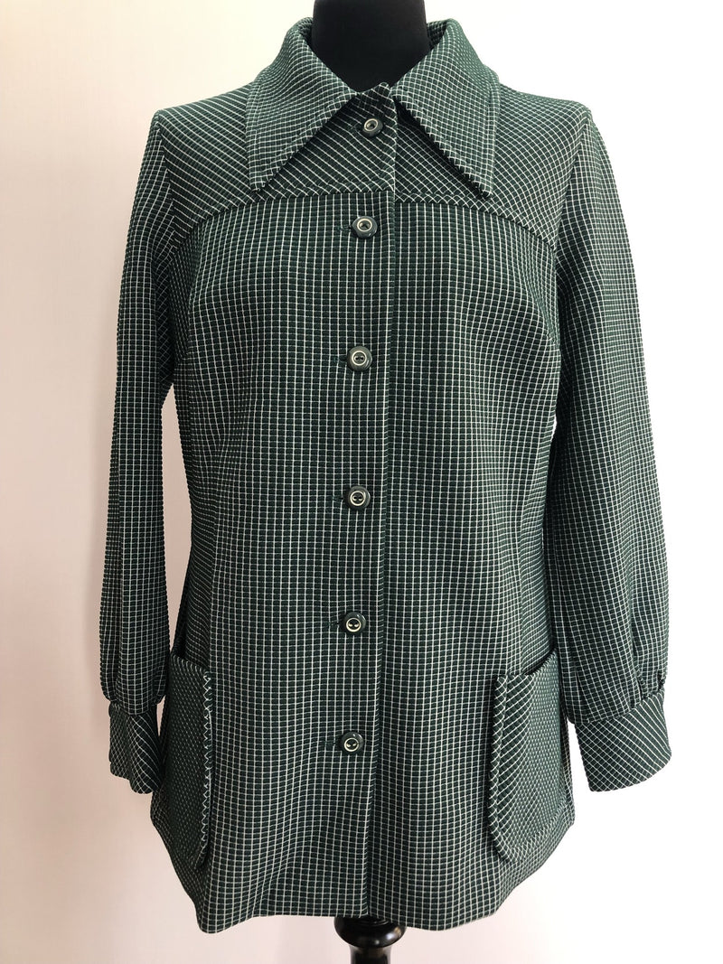 womens  vintage  Urban Village Vintage  top  square print  green  floral print  dagger collar  blouse  balloon sleeve  autumnal  autumn  70s  1970s  12