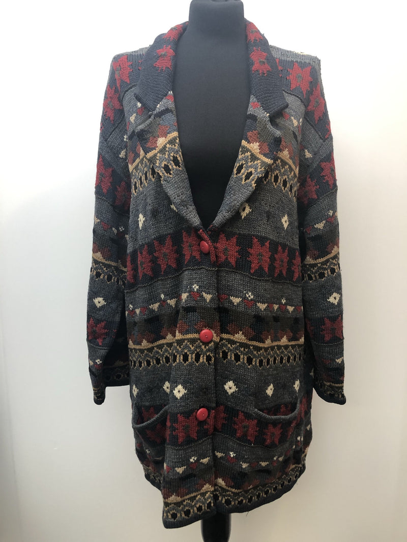 wool  vintage  Urban Village Vintage  urban village  retro  pure wool  pockets  pattern  patterened  multi  mens  long sleeves  long sleeve  L  knitwear  knitted  knit  Jacket  heavyweight  decorative buttons  cardigan  cardi  button down  button detail  button  blue  100% Wool