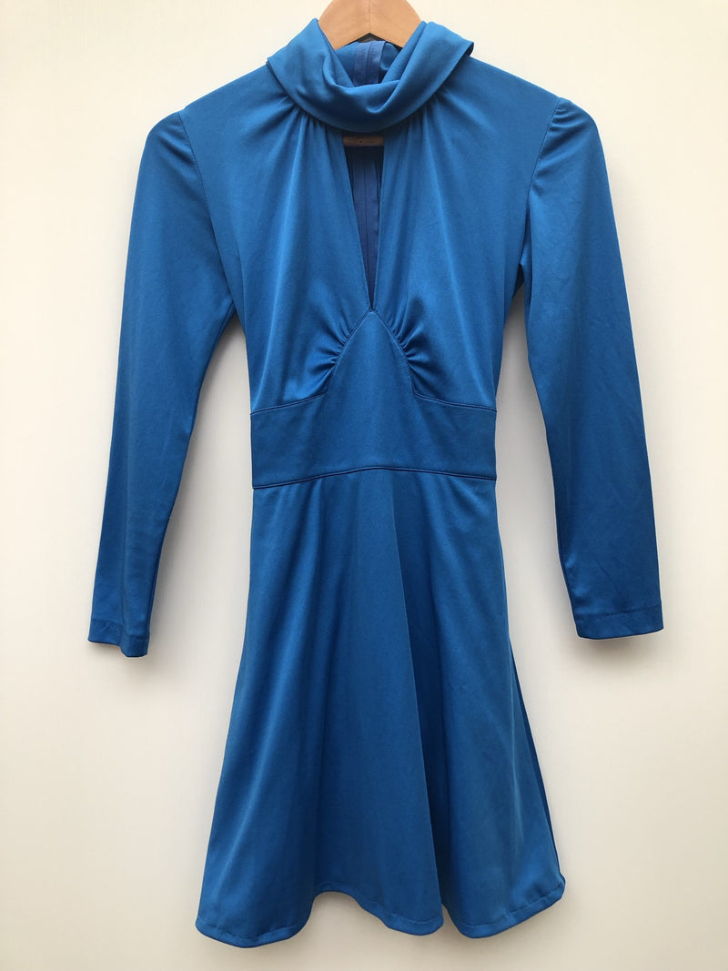 womens  waist tie belt  Urban Village Vintage  roll neck  plunge neck  mini dress  long sleeves  long sleeve  high neck  floral dress  evening dress  dress  blue  Betty Barclay  8  70s  1970s