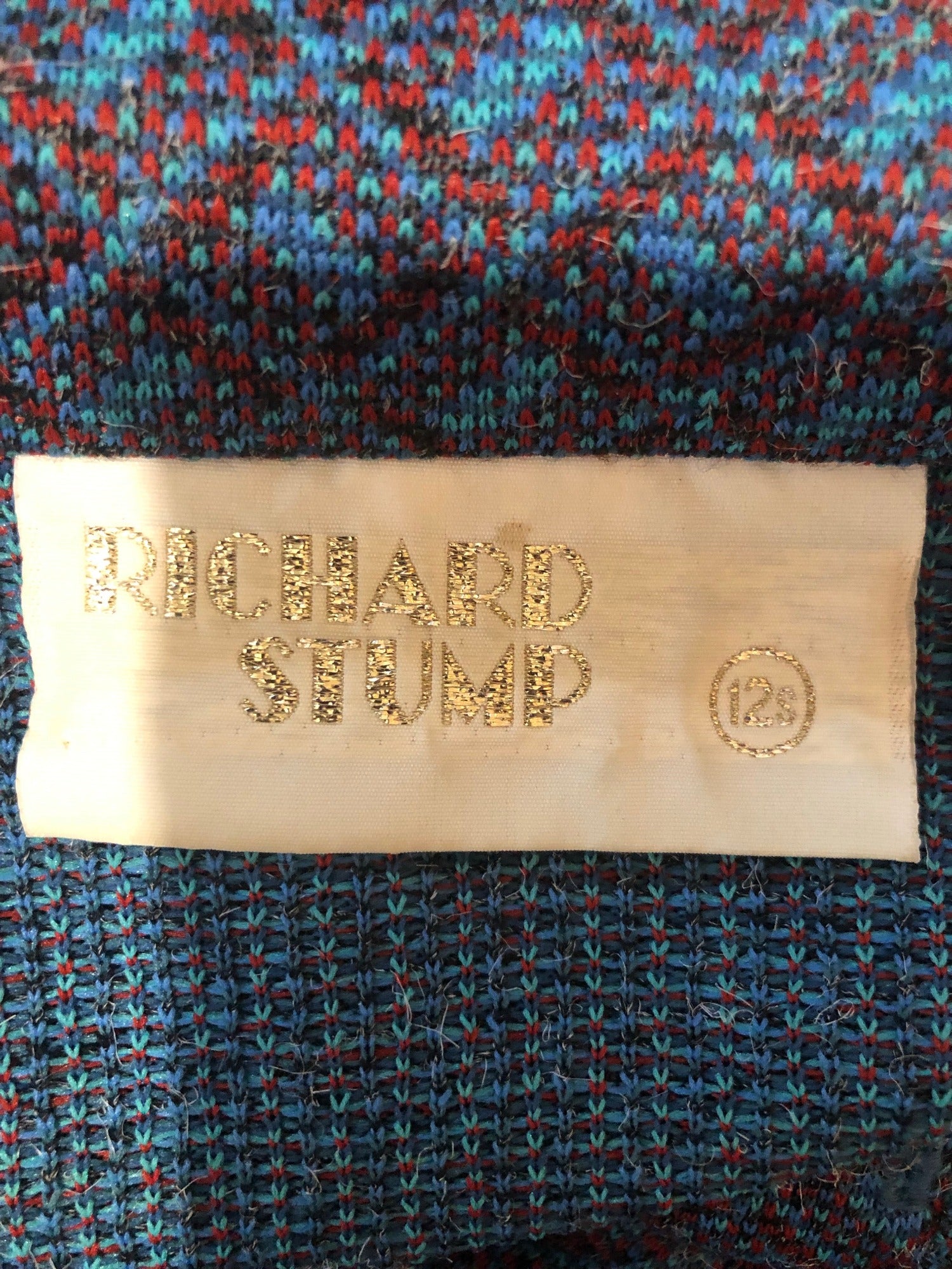 womens  waist belt  vintage  triangle pattern  triangle design  tie belt  Richard Stump  red  long sleeves  knit dress  collar  button front  blue  8  70s  1970s