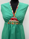 zip back  zip  womens  waist belt  vintage  Urban Village Vintage  urban village  midi dress  midi  high neck  Green  dress  belted dress  belted  belt  aztec print  aztec  8  70s  1970s