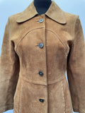 womens  vintage  Urban Village Vintage  urban village  Suede Jacket  Suede  retro  pockets  MOD  long sleeve  light brown  Jacket  collar  coat  button down  button  brown stitch  brown  Beagle collar  8  70s  60s  1970s  1960s