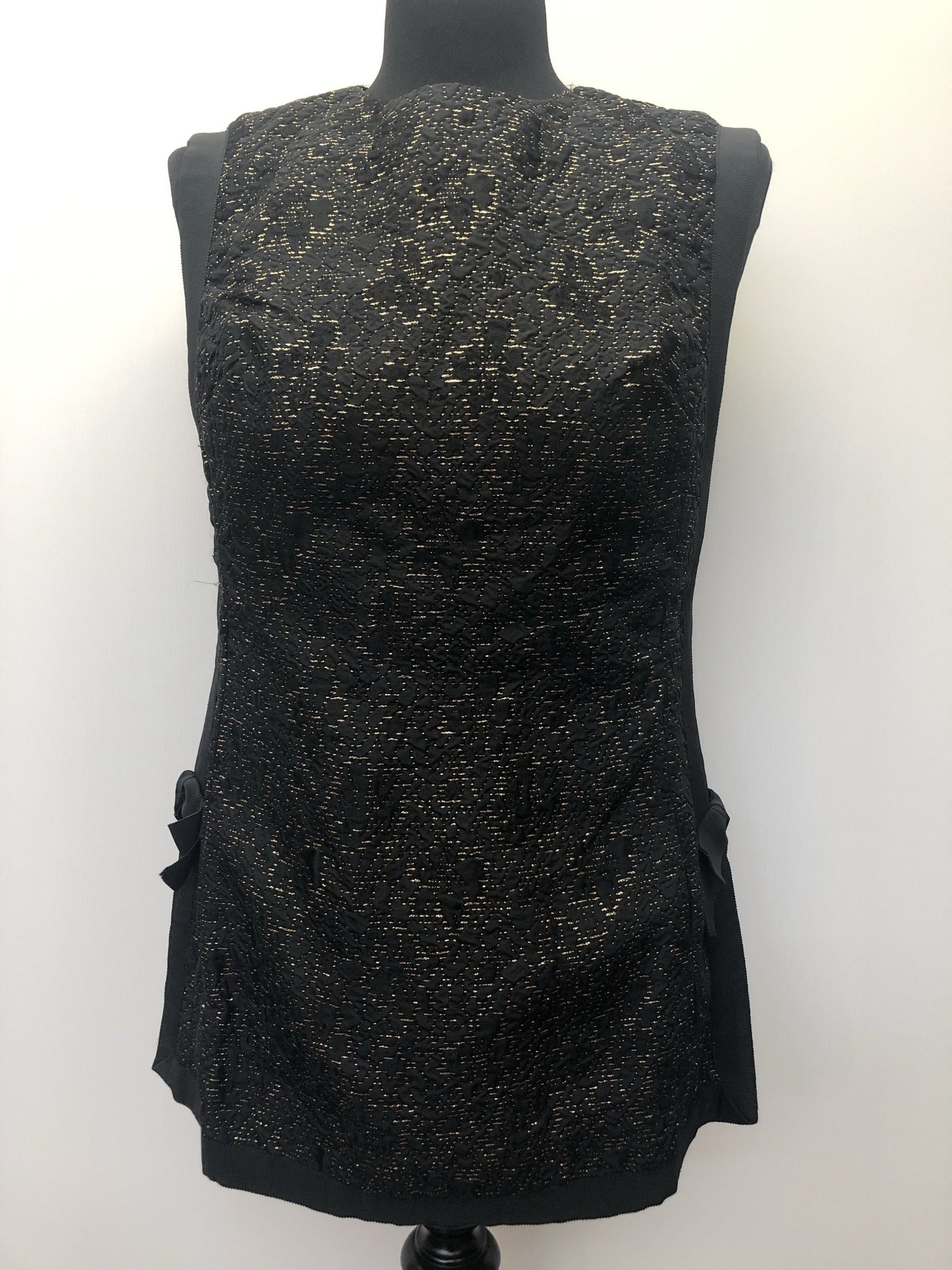 zip  womens top  womens  waist belt  vintage  vest  Urban Village Vintage  urban village  tunic  tops  top  metallic stitch  metallic  gold metallic  Frank Usher  disco  black  back zip  70s  1970s  10