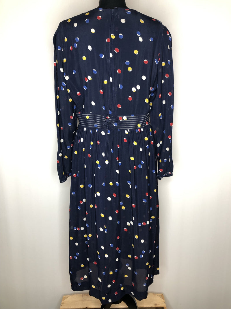 womens  white  vintage  Urban Village Vintage  summer dress  stitch detailing  stitch detail  print  navy  multi  long sleeve  dress  circle print  circle  blue  70s  1970s  16