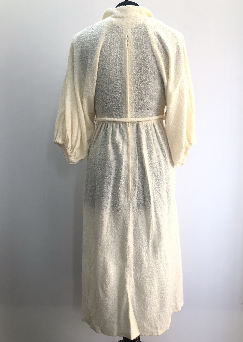womens  white  vintage  Urban Village Vintage  towelling  terry towelling  summer dress  print  dress  cream  button front  boucle  balloon sleeve  8  70s  1970s