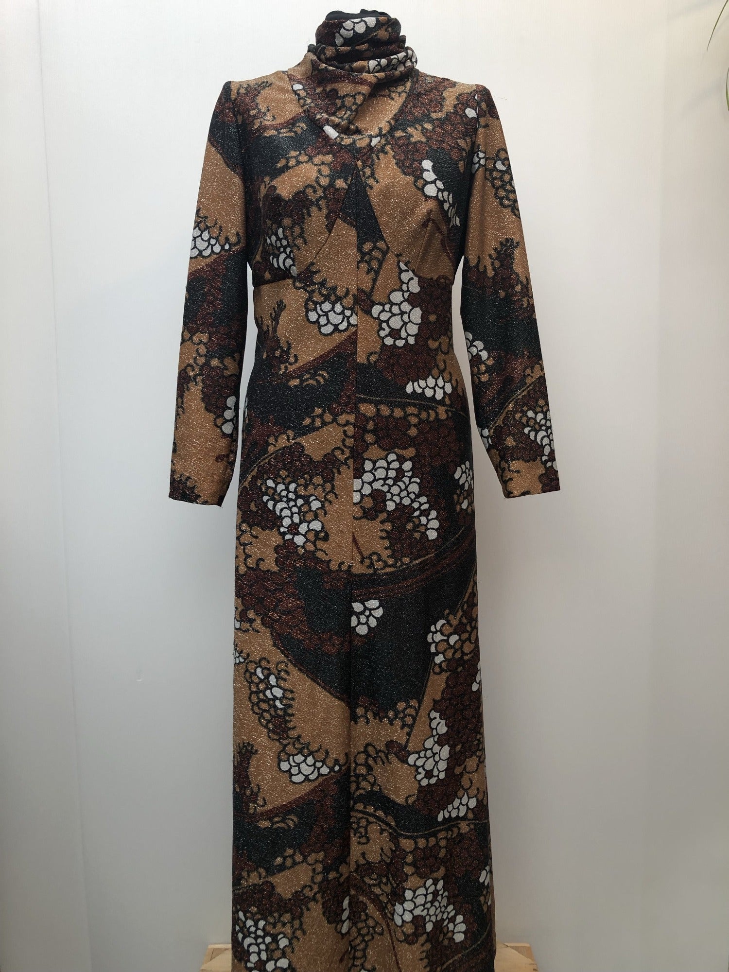 zip  womens  vintage  Urban Village Vintage  urban village  maxi dress  lurex  long length dress  glitter  floral dress  dress  brown  back zip  70s  1970s  14
