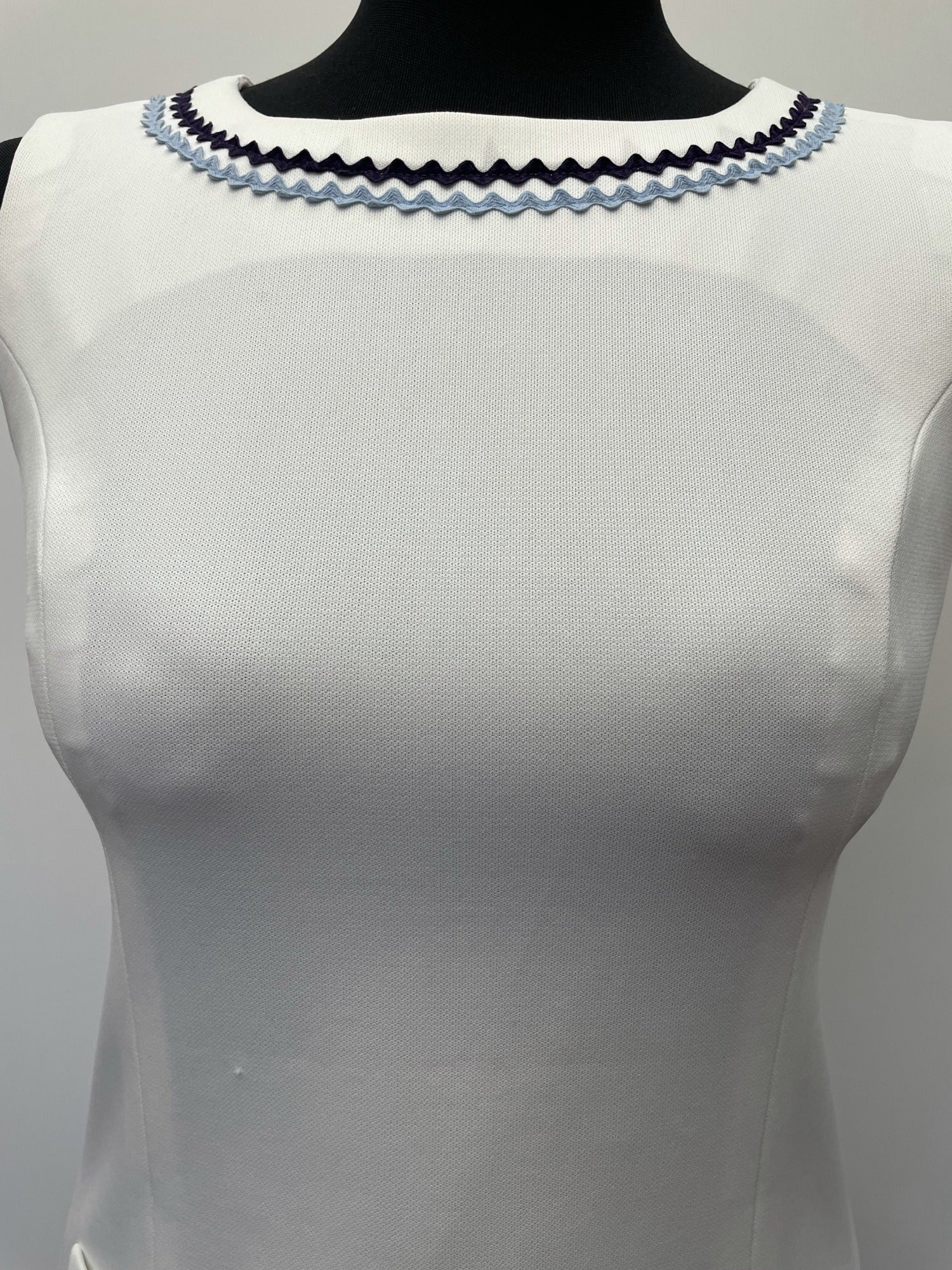 zip back  zip  womens  white  waist belt  vintage  Urban Village Vintage  urban village  tennis  Stripes  stitch detailing  stitch detail  squiggle  sportswear  sleeveless  MOD  mini dress  mini  dress  8  60s  1960s