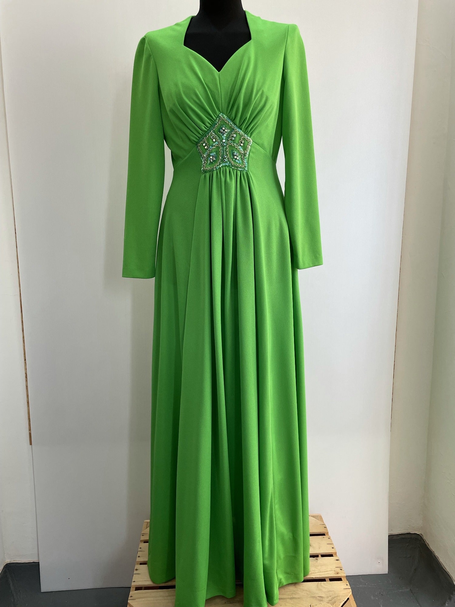 womens  vintage  Urban Village Vintage  urban village  studio 54  party dress  party  new year  maxi dress  long length dress  green  glittery  glitter  dress  disco dress  disco  deadstock  christmas  70s  1970s  10