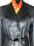 womens jacket  womens coat  womens  waist belt  vintage  Urban Village Vintage  urban village  pockets  pleat back  Leather Jacket  Leather  Jacket  double breatsed  button  black  Belted waist  belted jacket  belt  70s  70  1970s  10