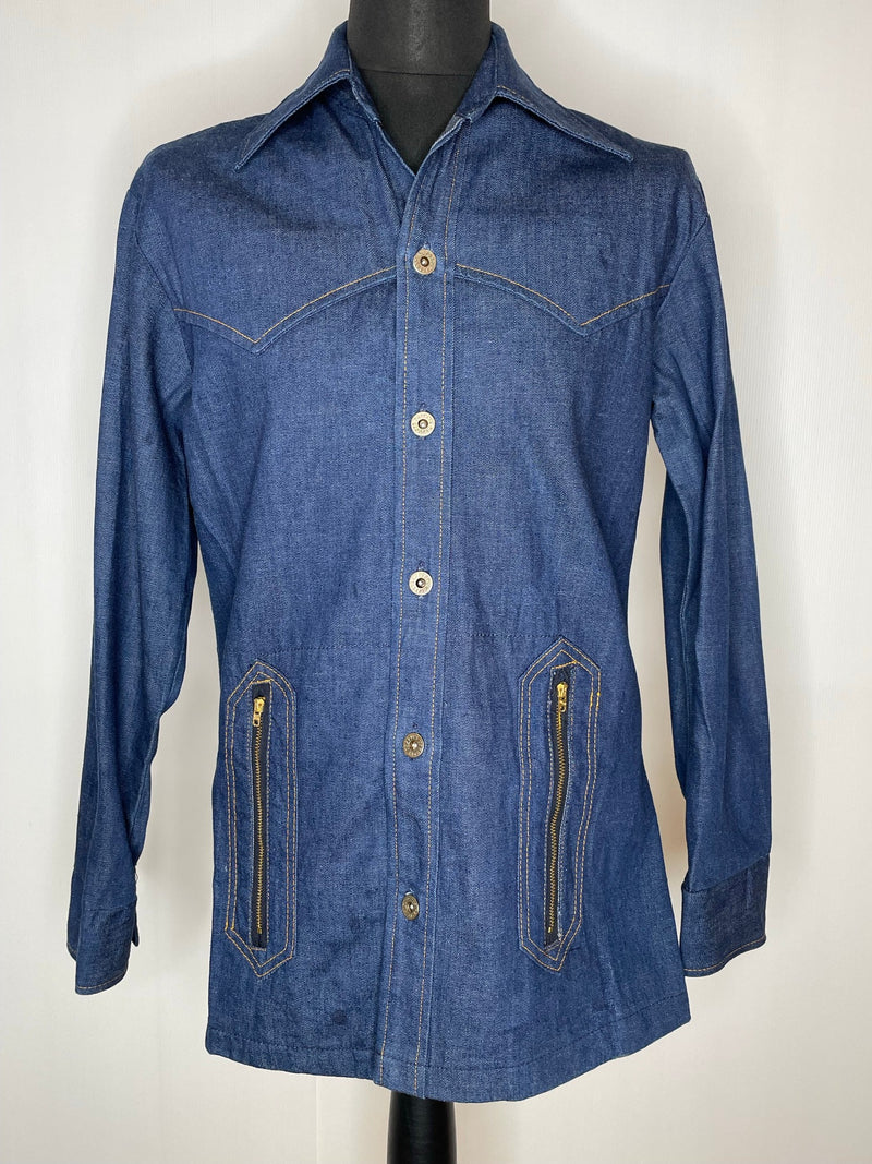 western  vintage  usa  Urban Village Vintage  urban village  shirt  shacket  rappers  press stud  mens  medium  m  denim style  denim shirt  denim  button fastening  blue  70s  1970s