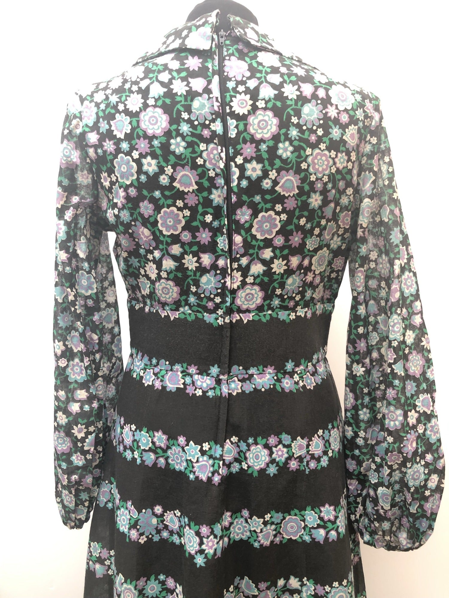 womens  vintage  Urban Village Vintage  patterned dress  patterned  multi  maxi dress  long dress  high neck  green  floral  dress  collar  blue  black  70s  70  1970s  12