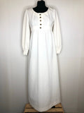 womens  white  vintage  Urban Village Vintage  urban village  shine  MOD  maxi dress  maxi  long sleeves  long sleeved  long sleeve  high neck  full skirt  evening dress  evening  dress  crew neck  button front  8  70s