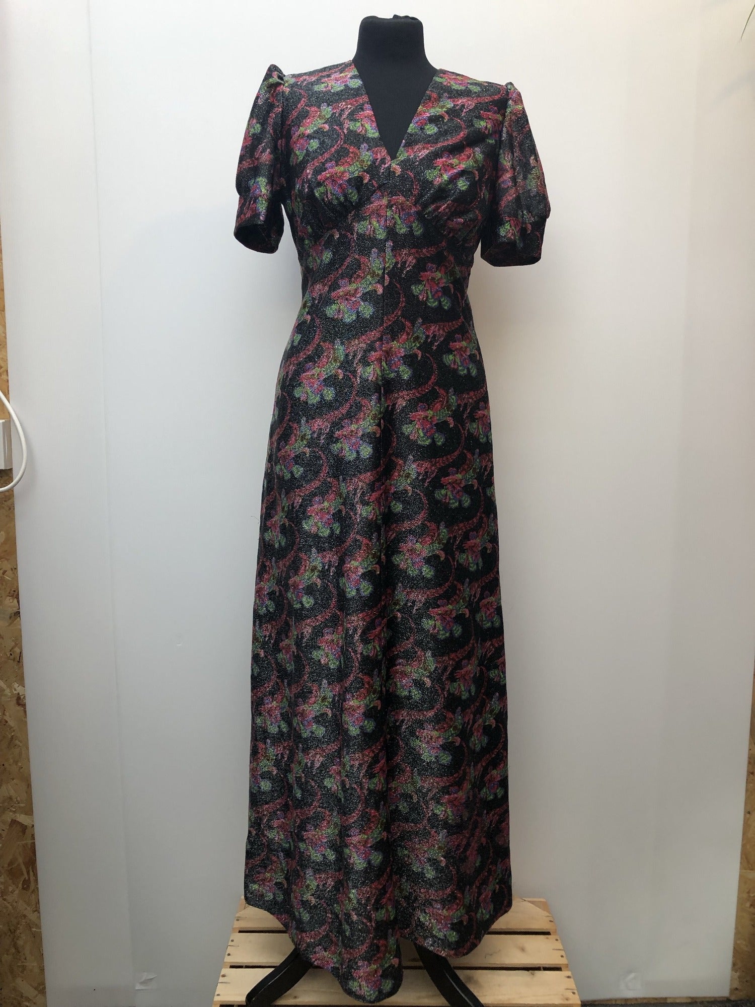 zip  womens  vintage  Urban Village Vintage  urban village  silver  maxi dress  lurex  long length dress  glitter  floral dress  dress  back zip  70s  1970s  10