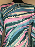 14  womens  vintage  Urban Village Vintage  top  swirl print  round neck  pink  multi  green  blue  70s  1970