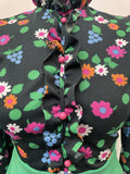 womens shirt  womens  vintage  Urban Village Vintage  urban village  summer dress  summer  ruffle  retro  MOD  midi dress  midi  long sleeves  Long sleeved top  long sleeve  high neck  Green  floral print  floral lining  floral dress  floral  dress  decorative buttons  Cotton  back zip  8  70s  60s  1970s  1960s