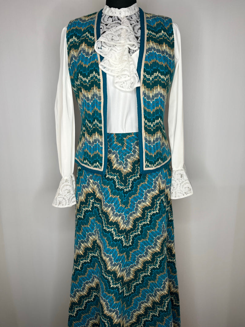 wool  womens  waistcoat  vintage  Urban Village Vintage  urban village  two piece  twin set  Skirts  skirt  set  patterned  pattern  open waistcoat  maxi skirt  maxi  long skirt  hippy  hippie  chevron pattern  blue  70s  1970s  12