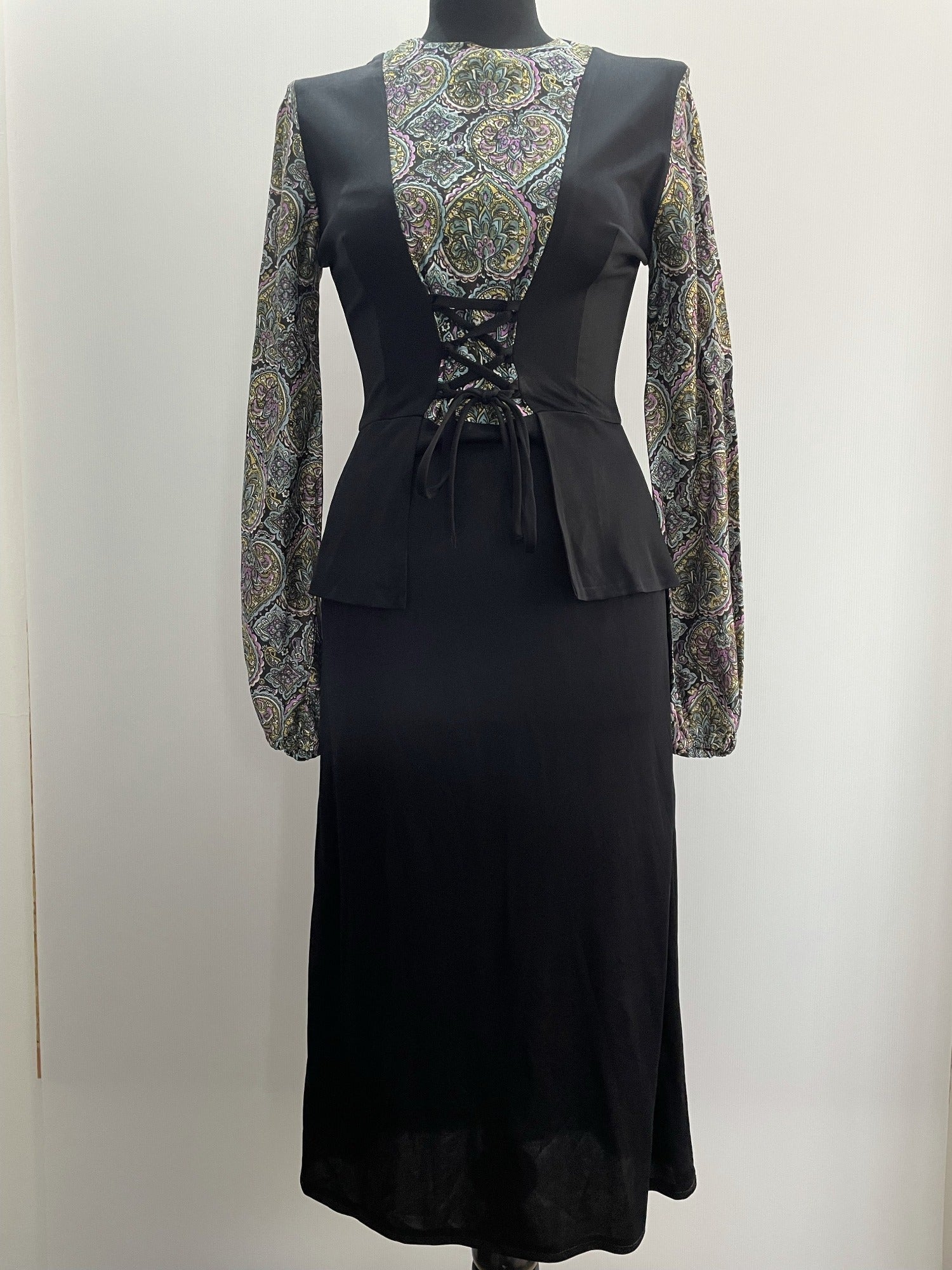 1970s Lace-Up Front Folk Style Long Sleeve Dress - Size UK 8