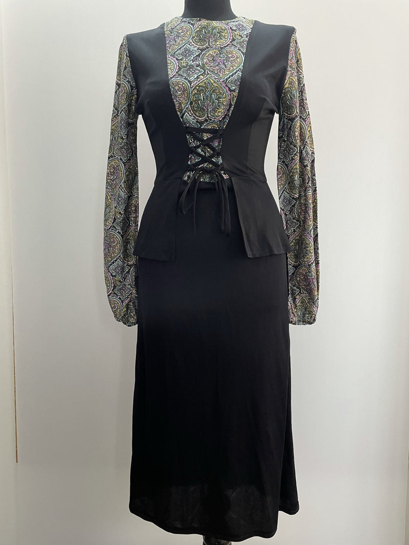1970s Lace-Up Front Folk Style Long Sleeve Dress - Size UK 8