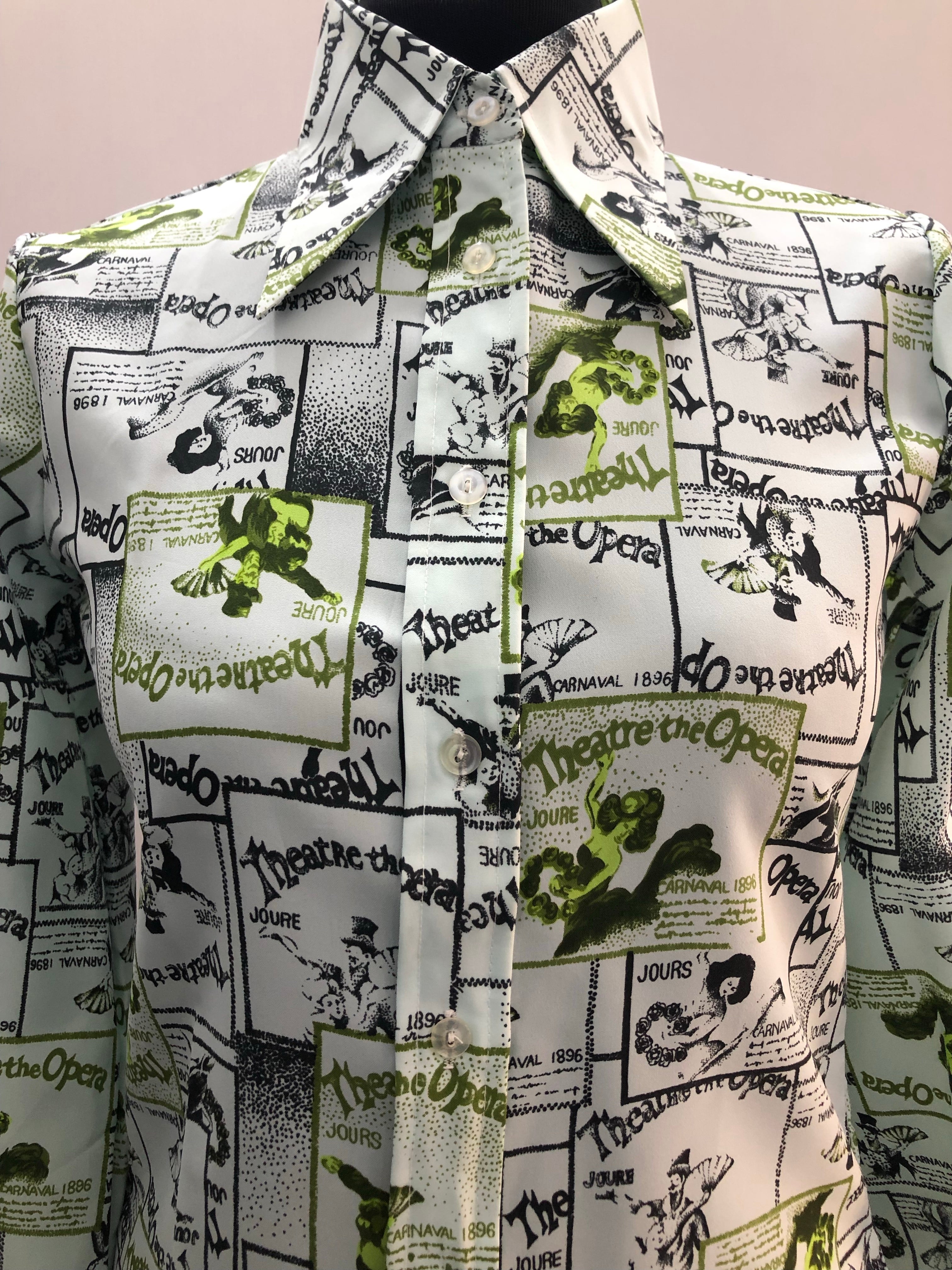 1970s Dagger Collar Novelty Theatre Print Shirt - Size UK 10