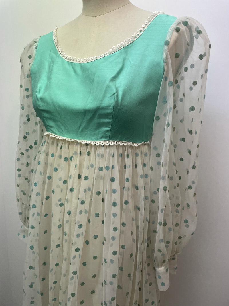 zip back  zip  womens  vintage  Urban Village Vintage  urban village  sheer  semi sheer  Polka Dot  maxi dress  maxi  long sleeve  Green  dress  balloon sleeves  balloon sleeve  balloon  70s  10