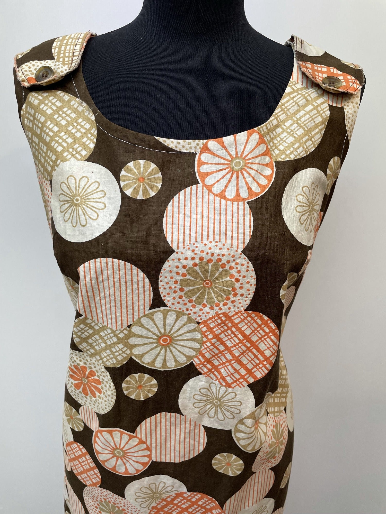 zip  womens  vintage  Urban Village Vintage  urban village  summer dress  sleeveless  retro  orange  MOD  midi dress  midi  floral print  floral dress  floral  dresses  dress  decorative buttons  clifton  button detailing  button detail  button  brown  back zip  70s  1970s  16