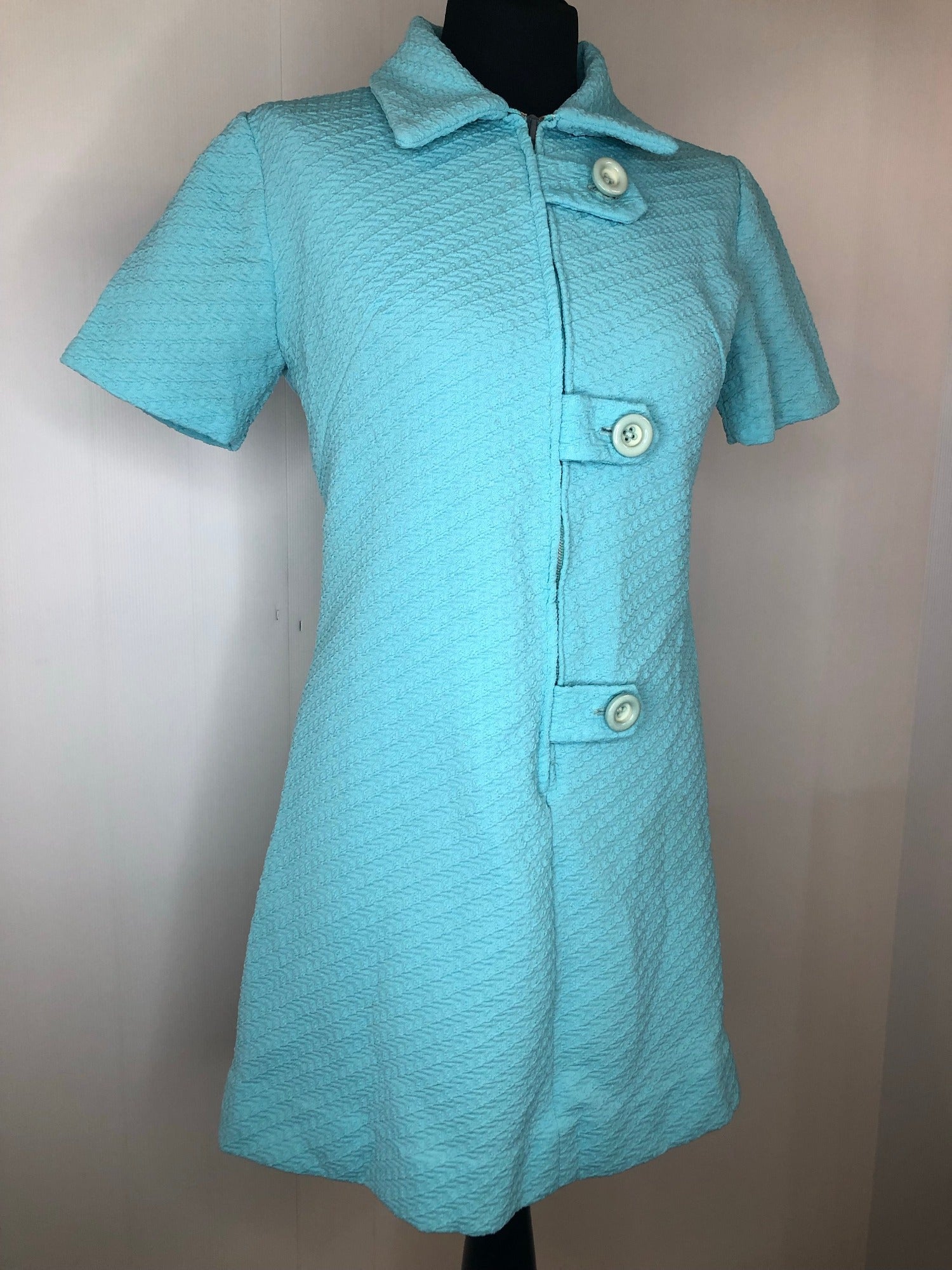 womens  vintage  Urban Village Vintage  round neck  MOD  mini dress  front zip fastening  dress  decorative buttons  blue  60s  1960s  10