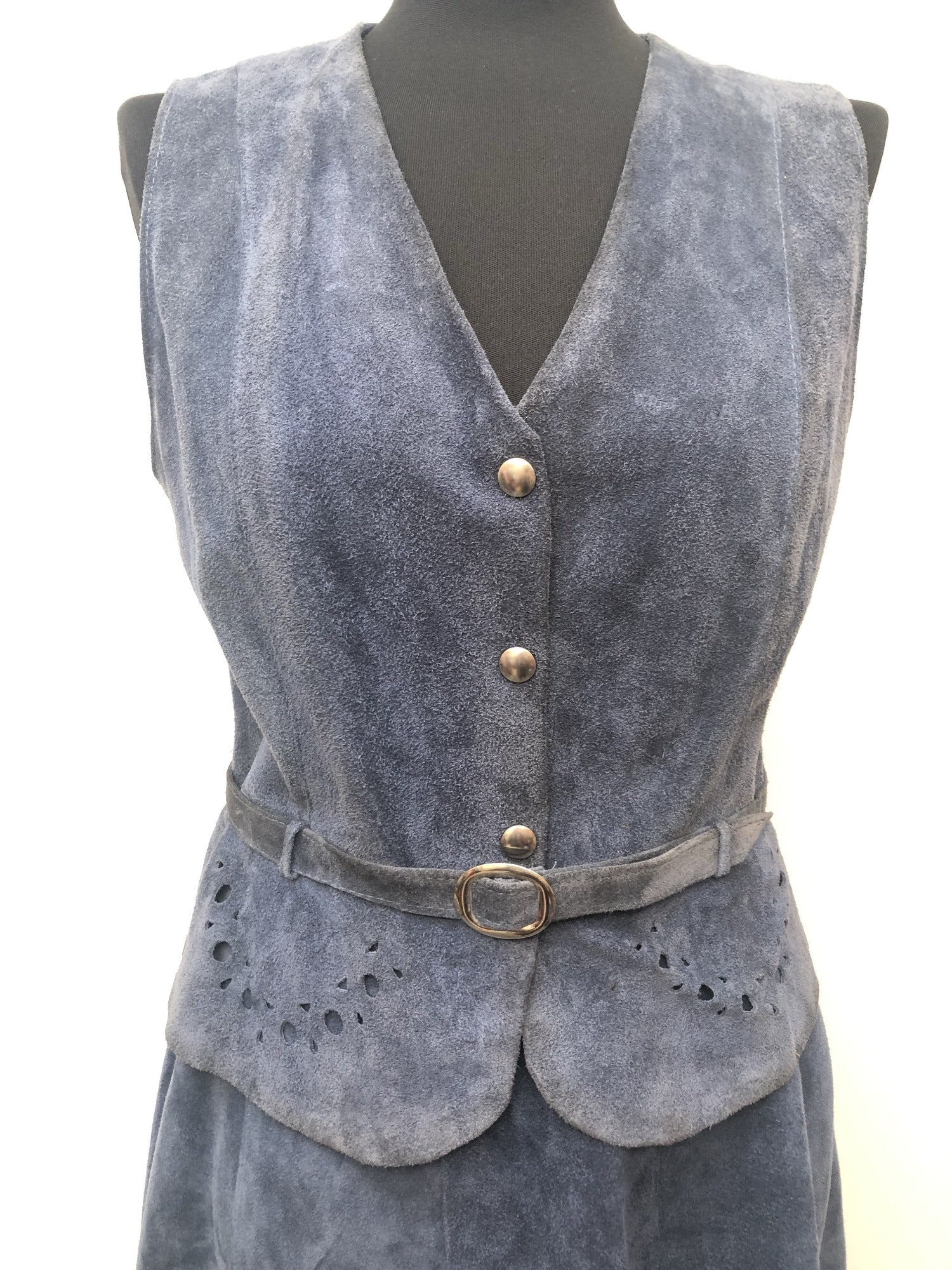 womens  waistcoat  vintage  Urban Village Vintage  two piece  top  suede top  suede skirt  suede  set  formal  blue  60s  1960s  10