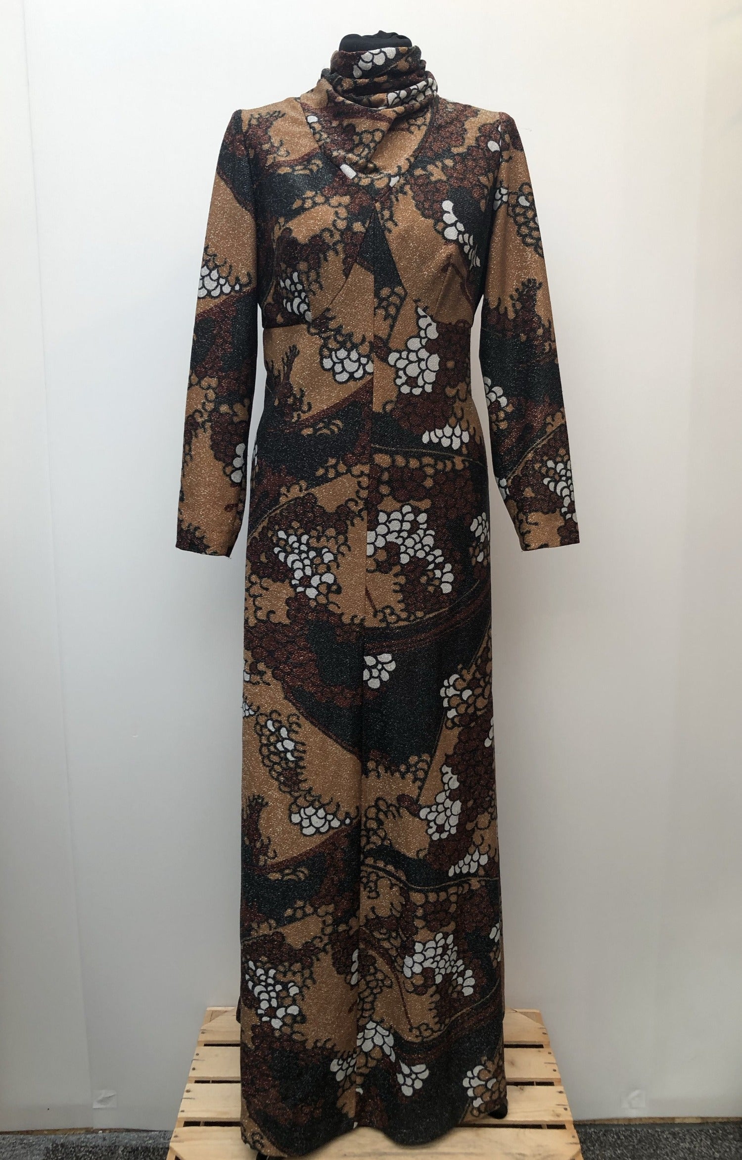 zip  womens  vintage  Urban Village Vintage  urban village  maxi dress  lurex  long length dress  glitter  floral dress  dress  brown  back zip  70s  1970s  14
