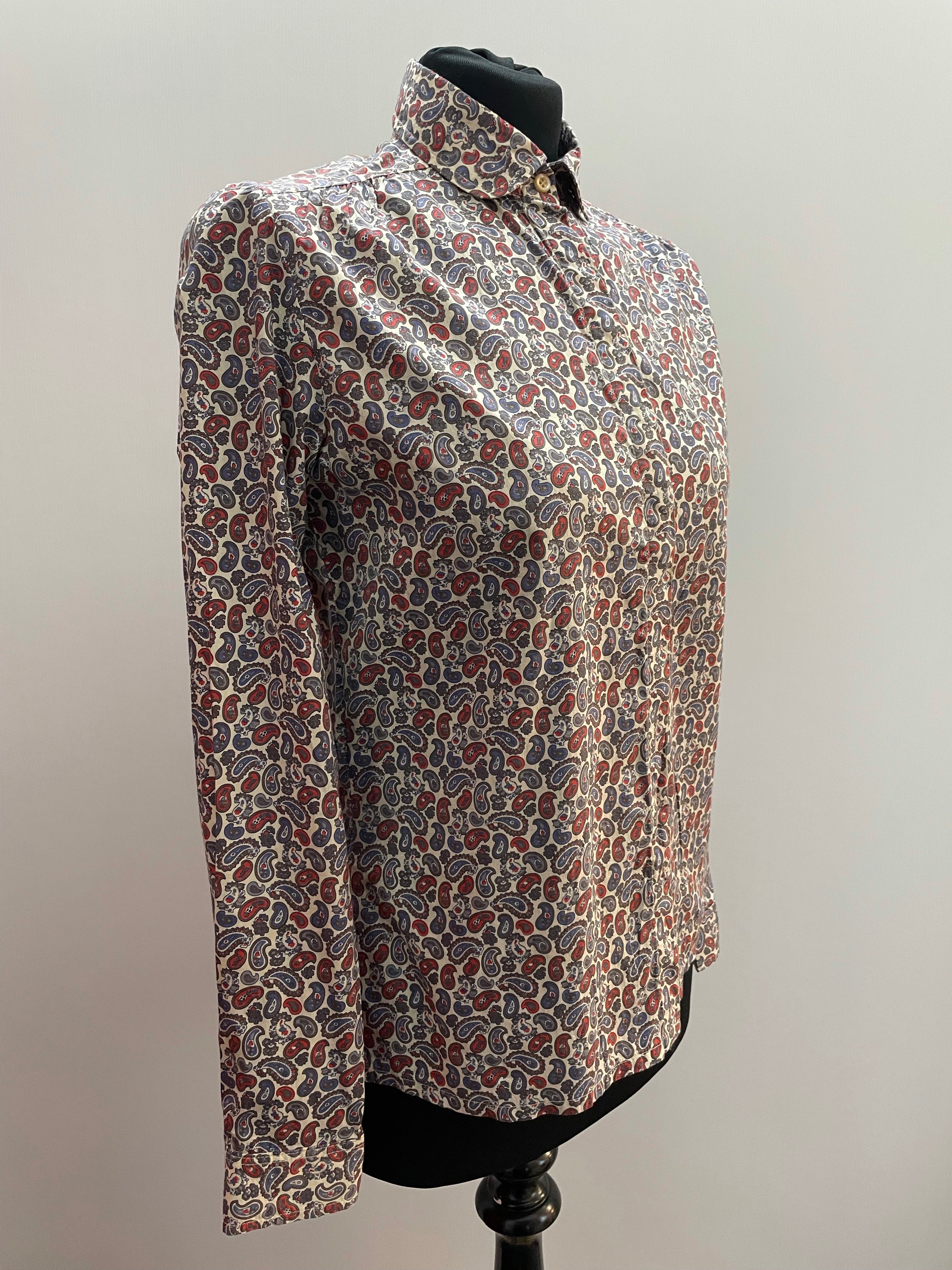 1970s Paisley Print Blue, Red and White Cotton Blouse by Jaeger - Size UK 10