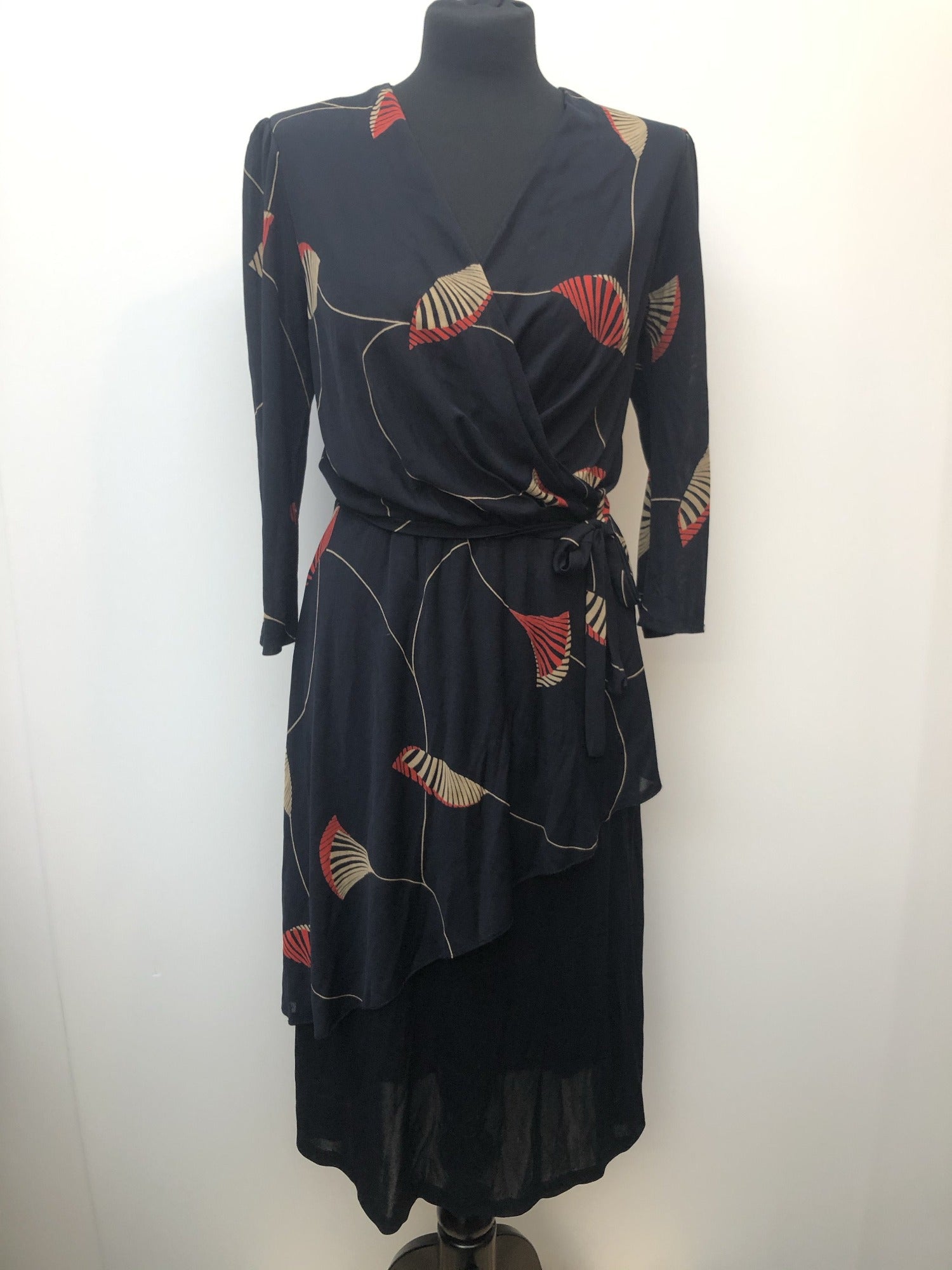 wrap front  womens  waist belt  vintage  Urban Village Vintage  red  midi dress  midi  long sleeve  dress  Bille Paris  belted dress  80s  70s  1980s  1970s