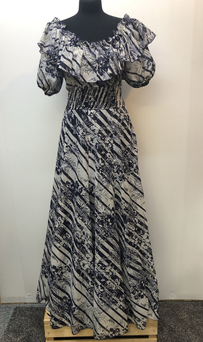 womens  white  vintage  Urban Village Vintage  urban village  summer dress  stripe  ruffle  patterned  off shoulder  maxi dress  hippie  folk  floral dress  floral  dress  boho  bohemian  blue  balloon sleeves  70s  70  1970s  12