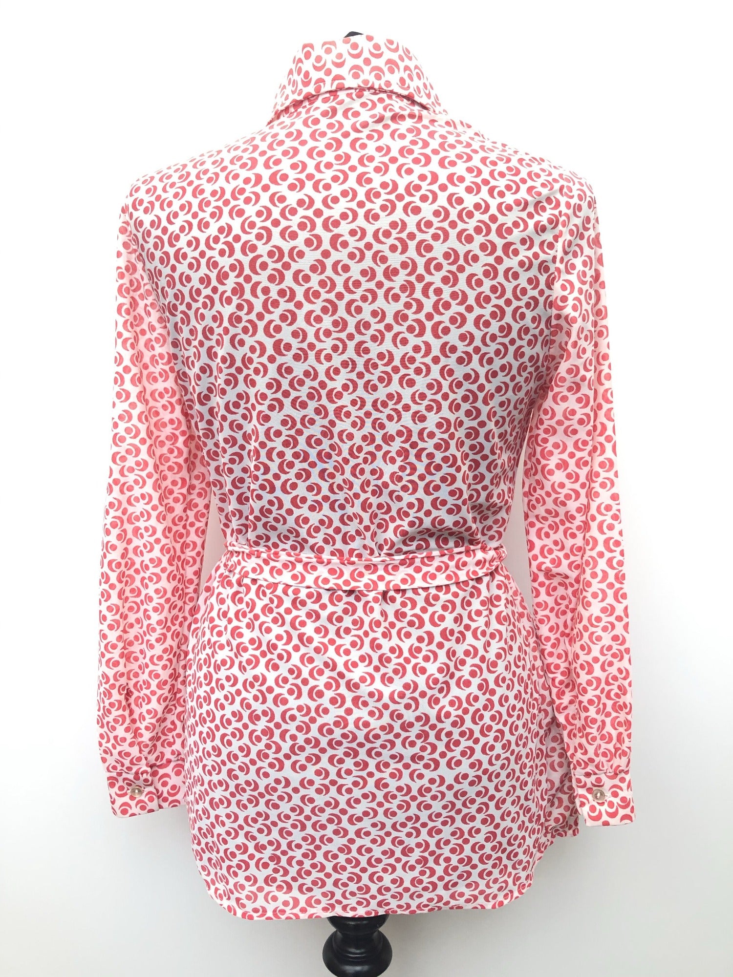 workwear  womens shirt  womens  white  waist belt  vintage  Urban Village Vintage  urban village  summer blouse  summer  sleeve  shirt sleeve  Red  long sleeves  long sleeve  dagger collar  crescent print  circle print  button  blouse  70s  1970s