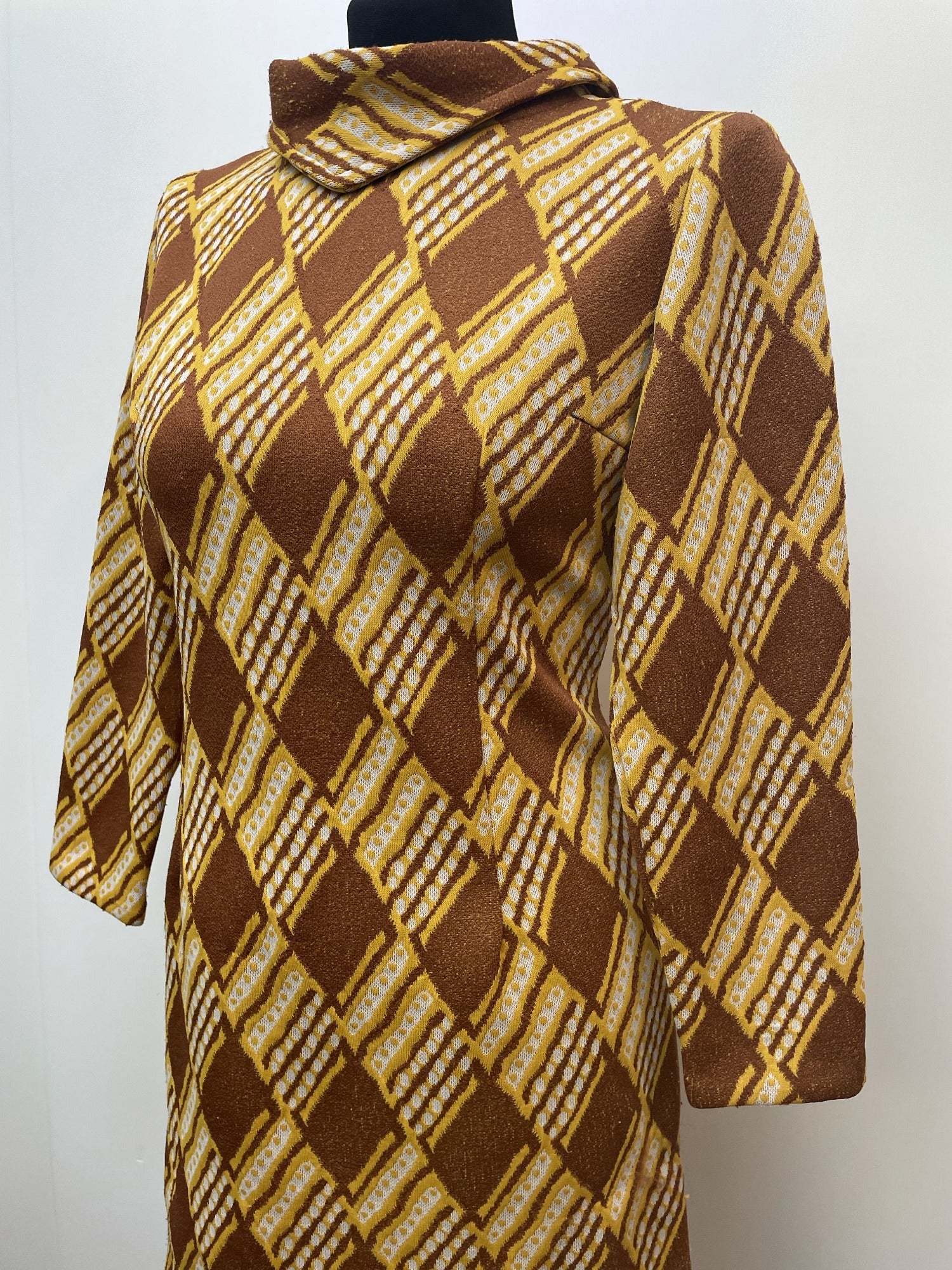 zip  Yellow  womens  vintage  Urban Village Vintage  urban village  square pattern  patterned  pattern  MOD  midi dress  midi  long sleeves  long sleeved  long sleeve  knitwear  knitted  knit dress  knit  high neck  dress  brown  back zip  60s  1960s  12