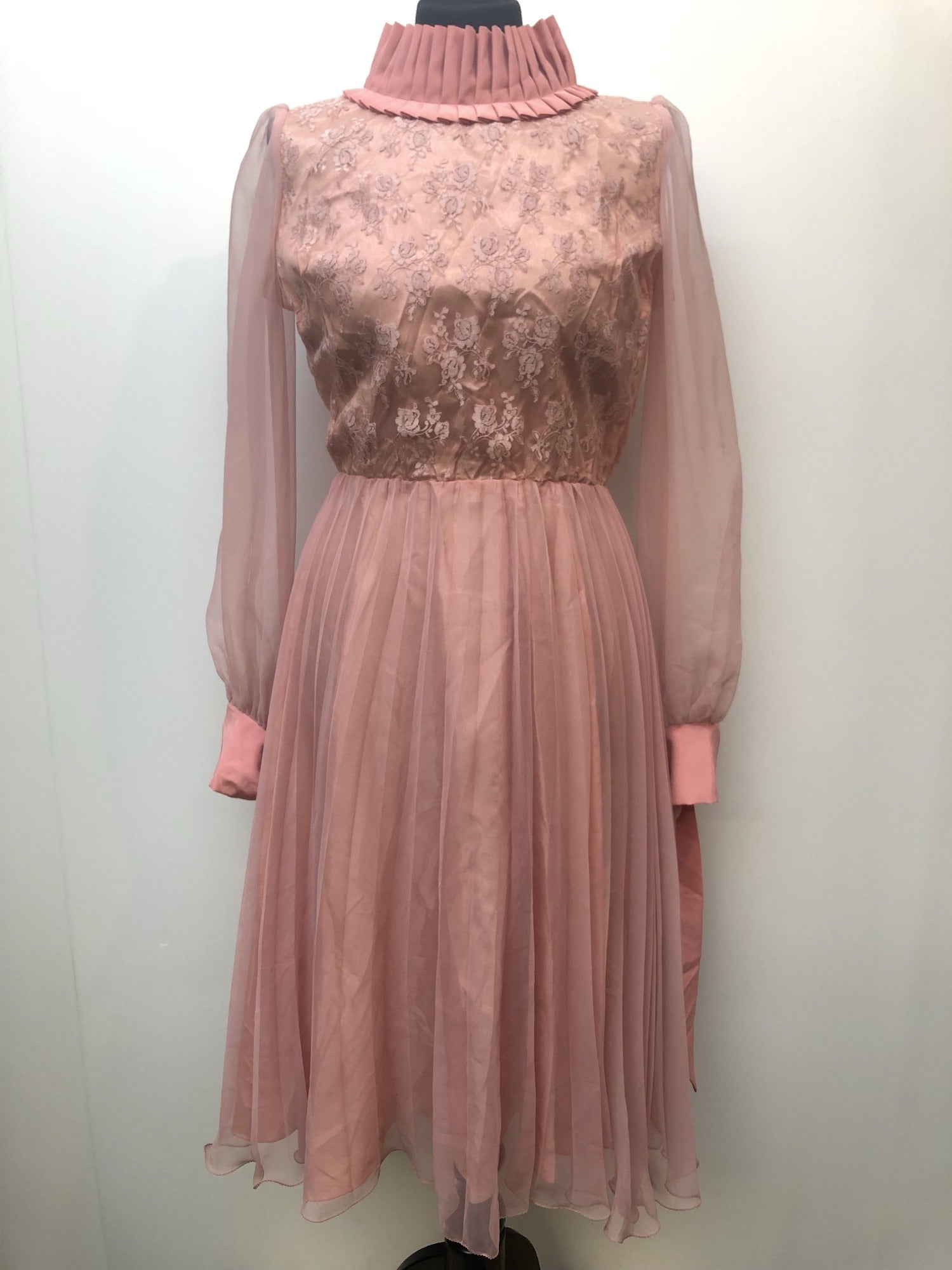 zip  womens  vintage  Urban Village Vintage  urban village  tie cuffs  retro  pleated collar  occasion dress  MOD  midi dress  midi  lace  evening dress  dresses  dress  button detailing  balloon sleeves  back zip  70s  1970s