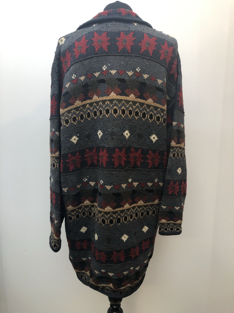 wool  vintage  Urban Village Vintage  urban village  retro  pure wool  pockets  pattern  patterened  multi  mens  long sleeves  long sleeve  L  knitwear  knitted  knit  Jacket  heavyweight  decorative buttons  cardigan  cardi  button down  button detail  button  blue  100% Wool