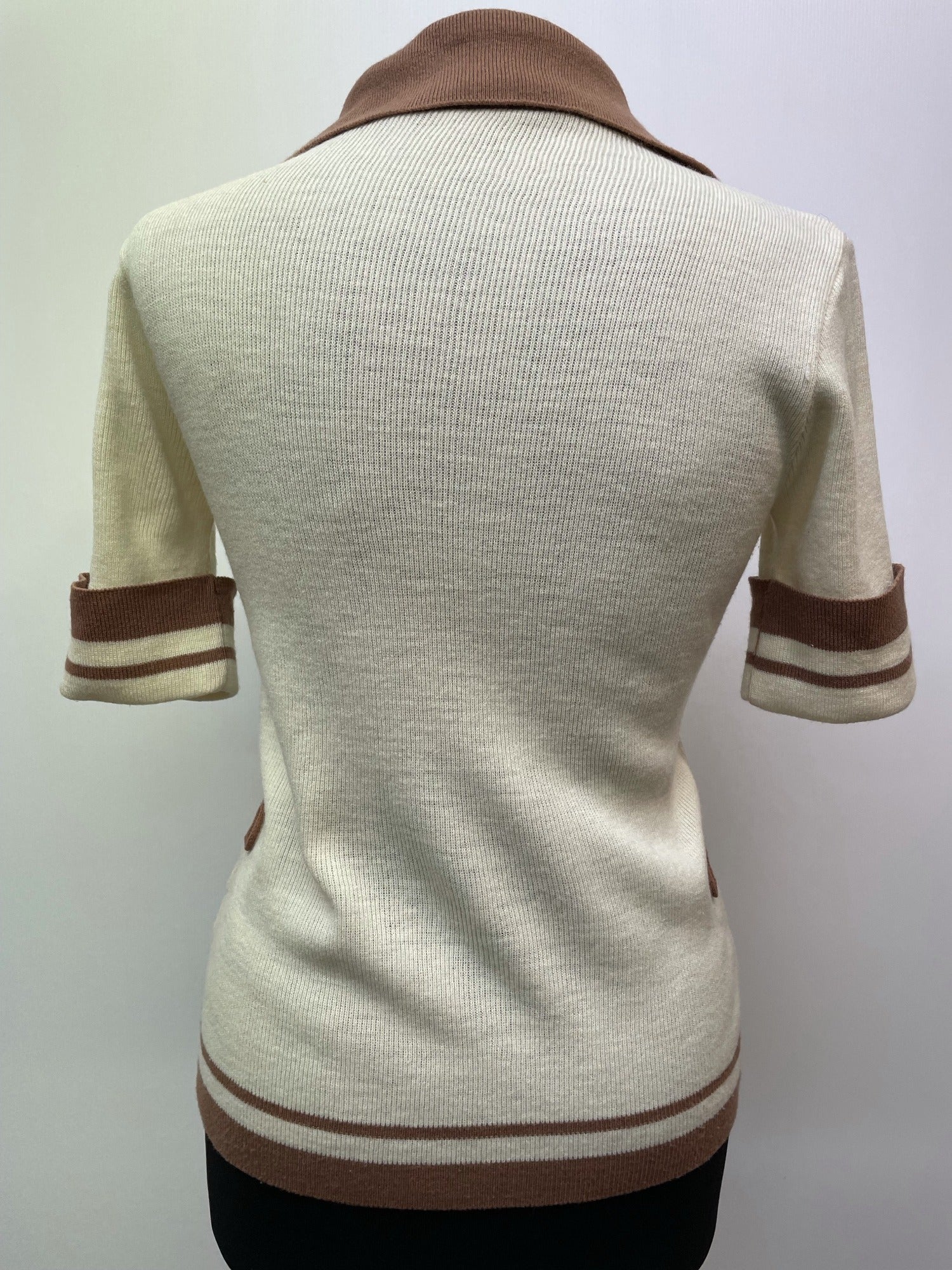 womens  white  vintage  Urban Village Vintage  urban village  top  Stripes  striped  stripe  retro  polo top  polo  light knitwear  light knit  knitwear  knitted  knit  fine knit  duke  collared  collar  button front  button  brown  big collar  70s  1970s  10