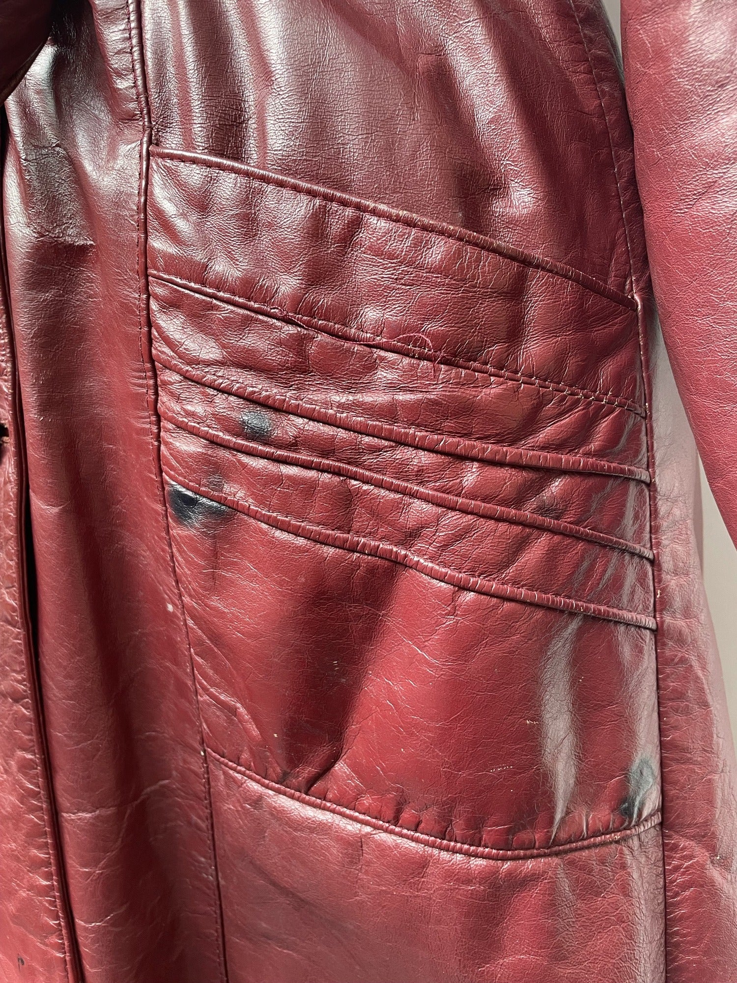 womens  vintage  Urban Village Vintage  urban village  retro  pockets  long sleeve  Leather Jacket  Leather detailing  Leather Coat  Leather  lapels  Jacket  button down  burgundy  belted jacket  belted  70s  1970s  10