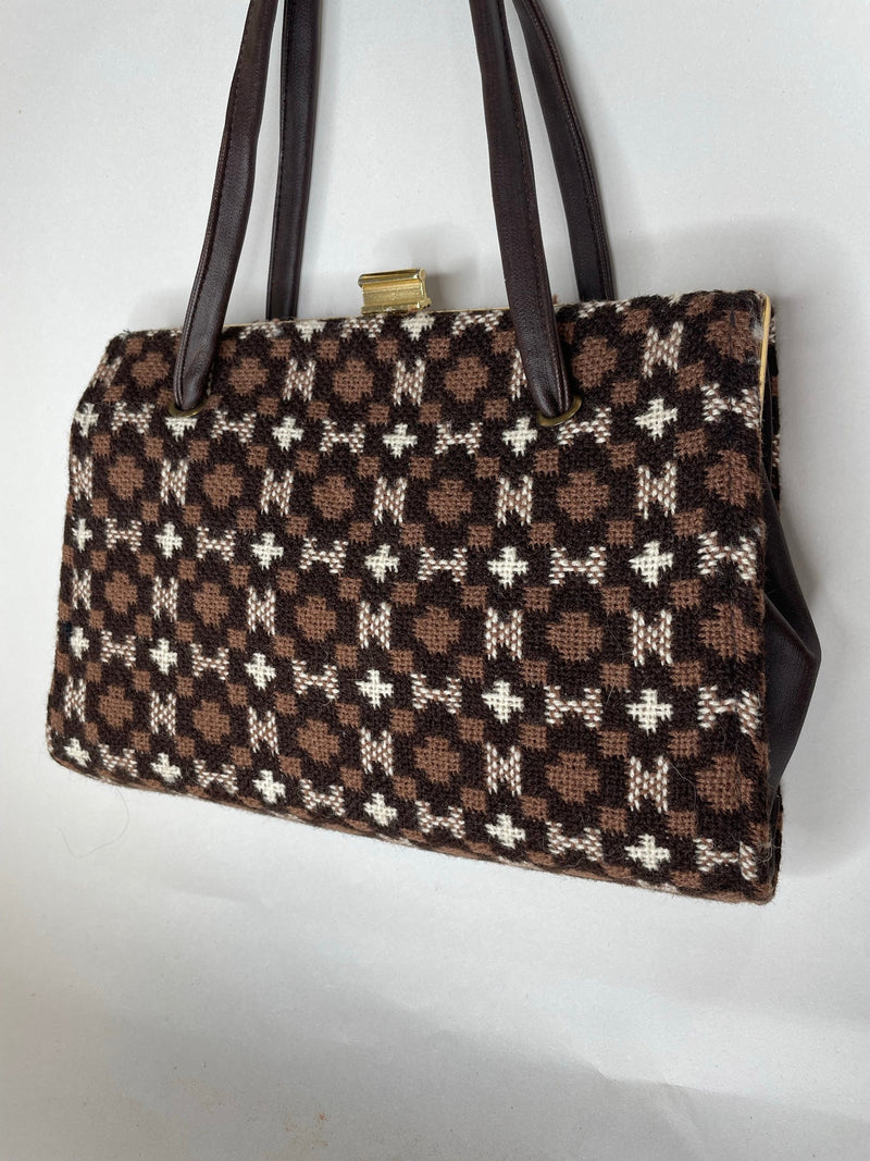 womens  welsh wool tapestry  welsh wool  vintage bag  vintage  Urban Village Vintage  tapestry bag  tapestry  scooter  modette  mod  handbag  hand bag  cream  brown  bag  60s  1960s