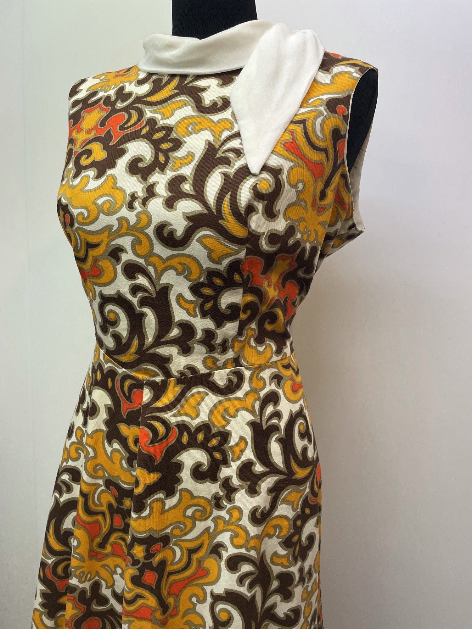 zip  womens  vintage  Urban Village Vintage  urban village  tie neck  sleevless  red  Paisley Print  paisley inspired  paisley  orange  neospun jersey  neck tie  MOD  midi dress  midi  high neck  Hamells London  dress  back zip  60s  1960s  14