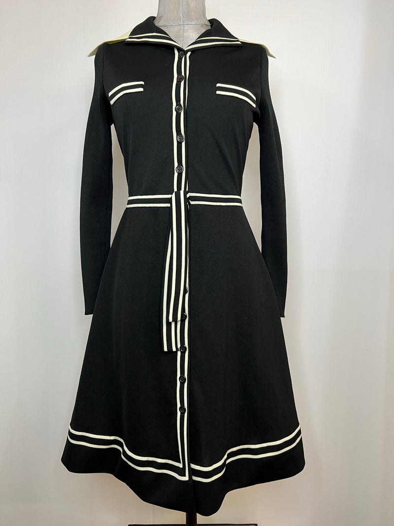 womens  vintage  Urban Village Vintage  Stripes  stripe detailing  stripe detail  MOD  midi dress  long sleeved  light knit  large pointed collar  large collar  knitwear  knitted  knit  Gina  dress  collar  black  70s  1970s  10