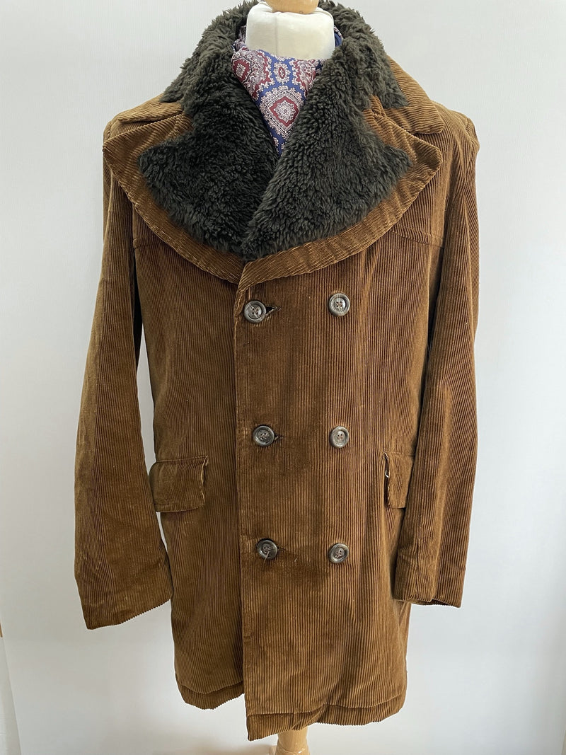 Winter Jacket  Winter Coat  winter  vintage  Urban Village Vintage  urban village  sheepskin collar  Sheepskin  quilted lining  quilted  quilt  pockets  pocket  MOD  mens coat  mens  made in england  M  long sleeve  long coat  lining  Jacket  faux fur  faux collar  faux  double breasted coat  double breasted  corduroy  cords  corded  cord  coat  car coat  button front  button  brown  briqwater  70s style  70s  70  1970s