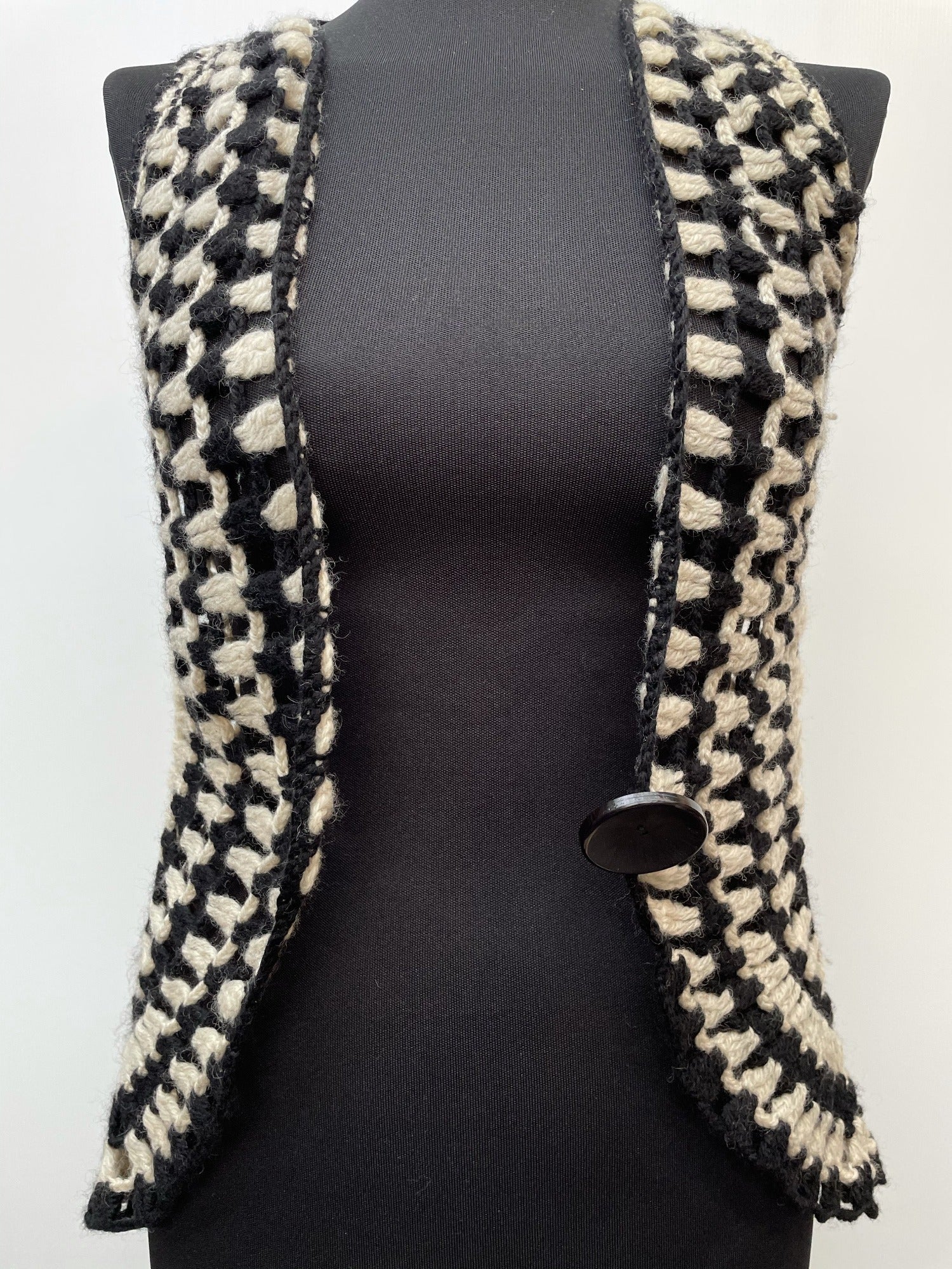 woodstock  womens  white  waistcoat  vintage  Urban Village Vintage  urban village  sleevless  retro  psychedelic  psych  One Size  Jacket  hippy  hippie  handmade  decorative buttons  crochet  button  boho  black  70s  1970s  12