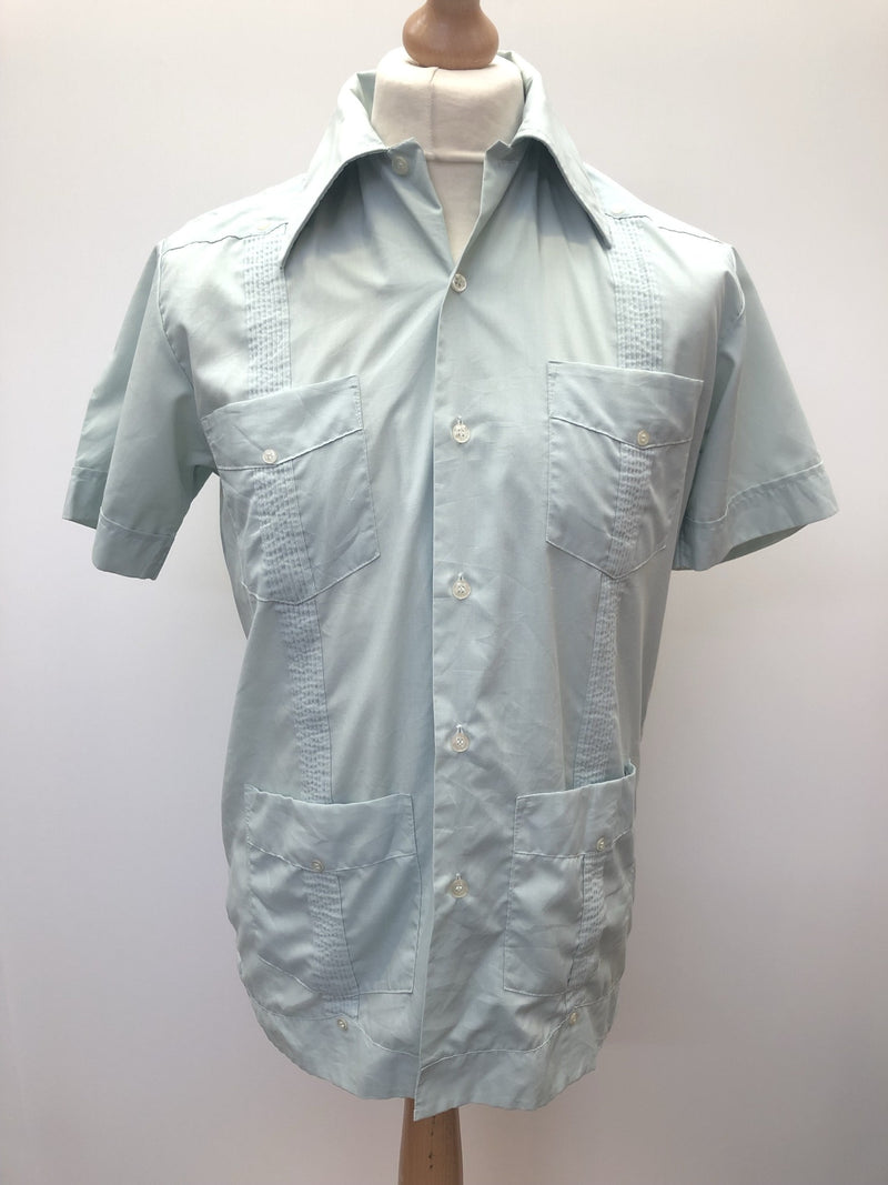 vintage  Urban Village Vintage  urban village  urban  summer  stitch detailing  S  retro  mens  guayabera  cuban  collar  blue  big collar  70s  70  1970s