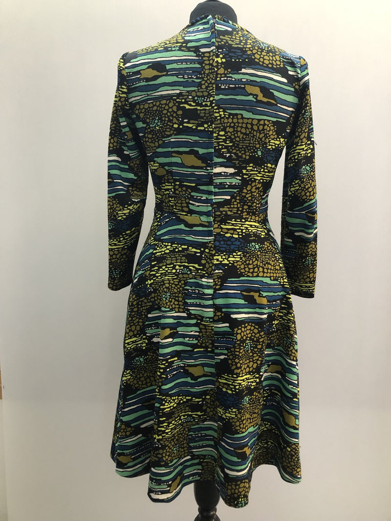 zip back  womens  winter  vintage  Urban Village Vintage  sleeves  print dress  print  multi  maxi dress  long sleeve  green  dress  blue  autumnal  autumn  70s  1970s  10