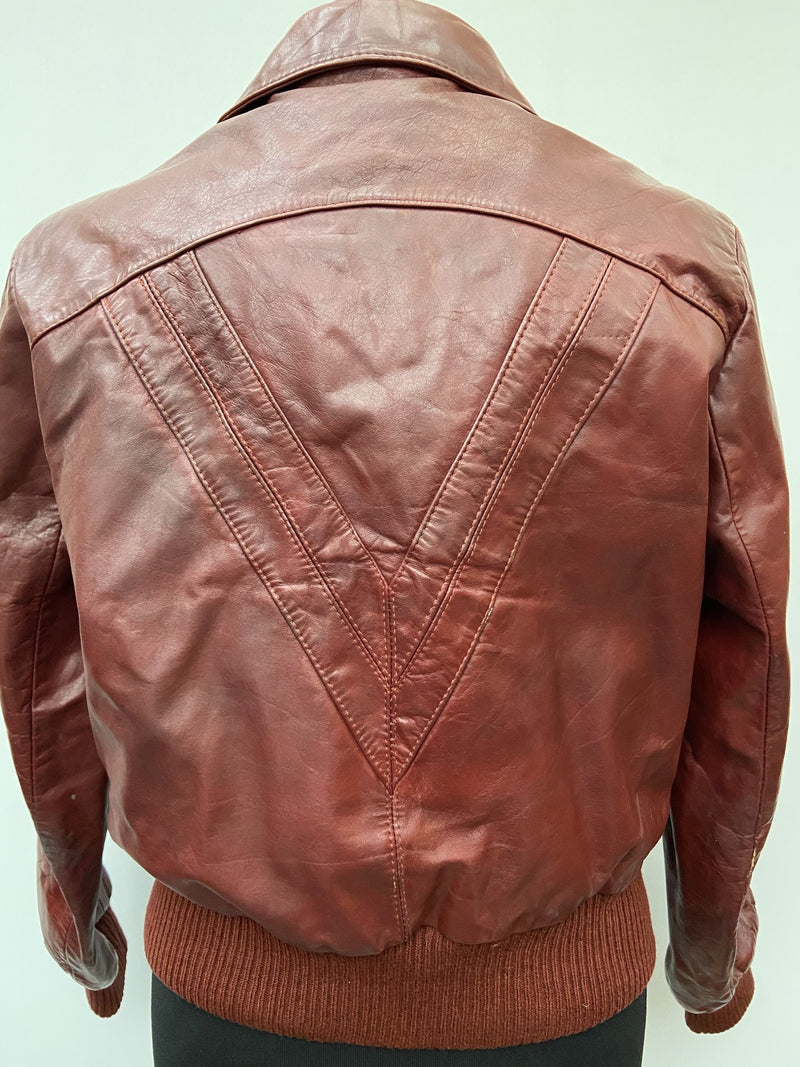 womens  vintage  village  urban  retro  red  leather  Jacket  fur lining  chevron  burgundy  bomber  70s  1970s