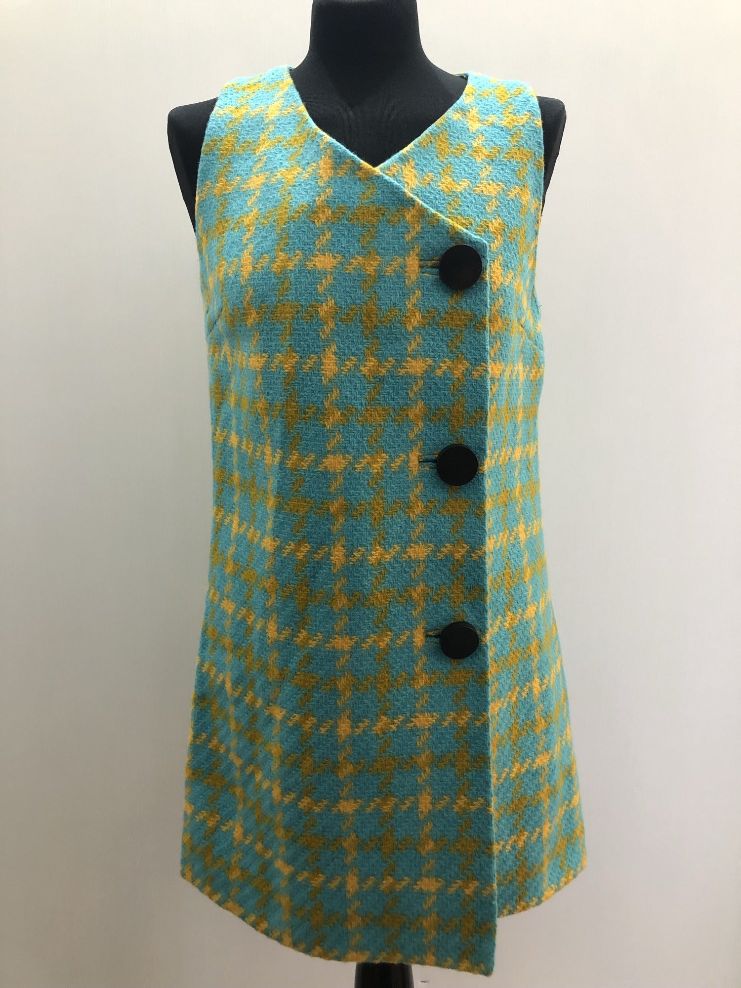 womens  vintage  Urban Village Vintage  urban village  side button fastening  retro  patterned dress  MOD  large gingham check  gingham check  Gingham  dress  blue  60s  1960s  12