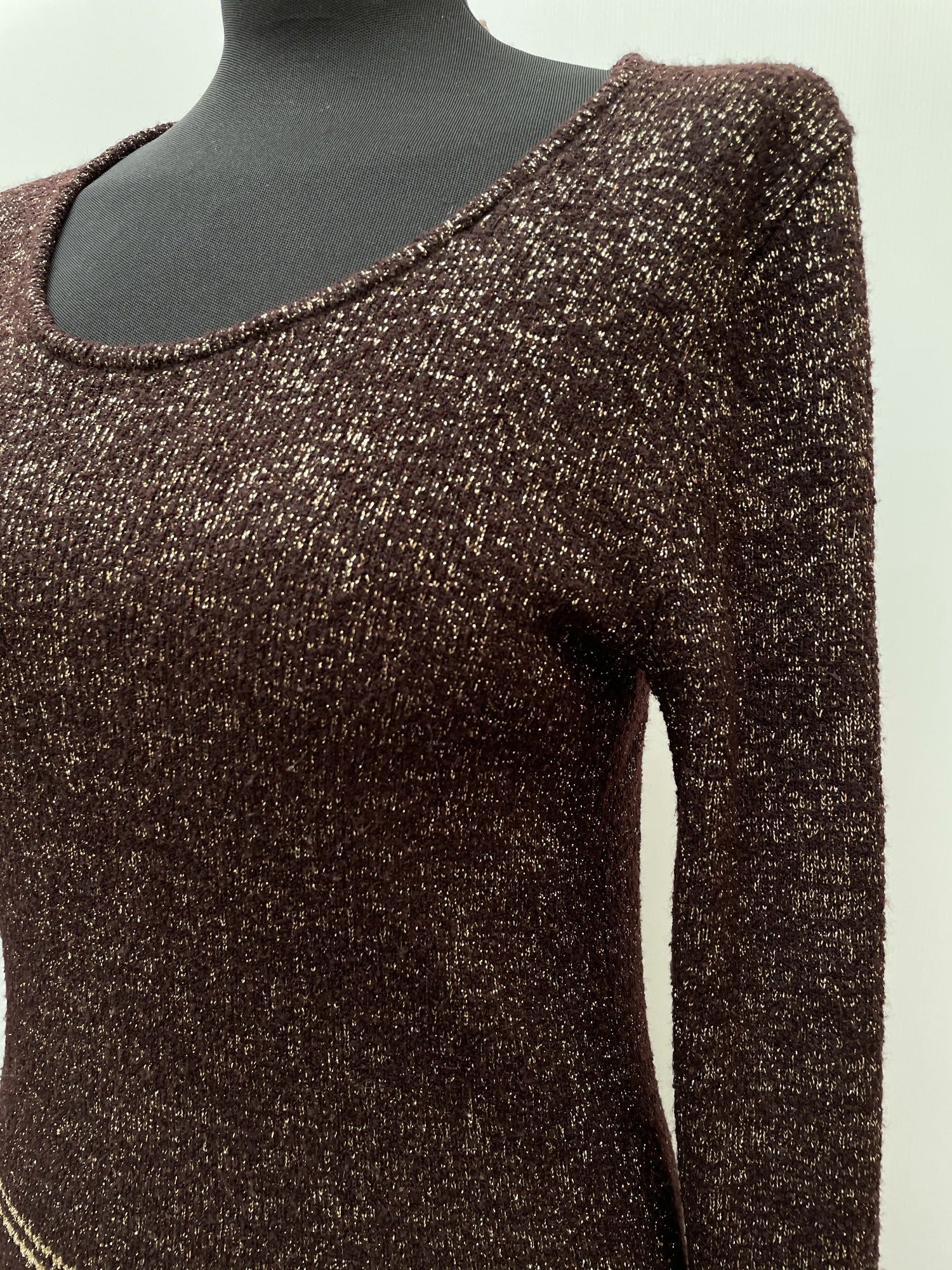 womens top  womens shirt  womens  vintage  sweater  St Michael  shimmer  round neck  retro  MOD  long sleeve  jumper  gold metallic  gold  elasticated  disco  dark brown  brown  70s  60s  1970s  1960s  12
